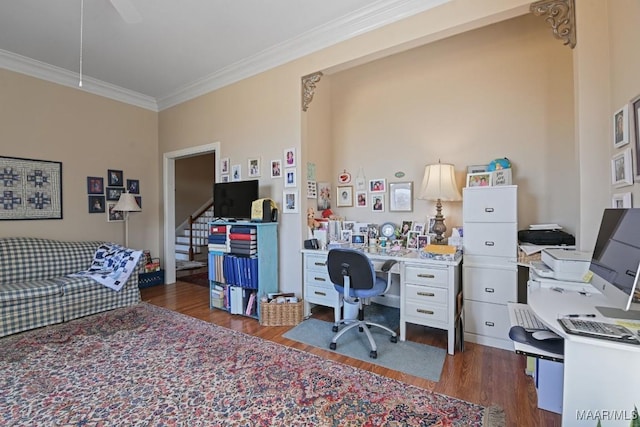 home office with crown molding and dark hardwood / wood-style floors