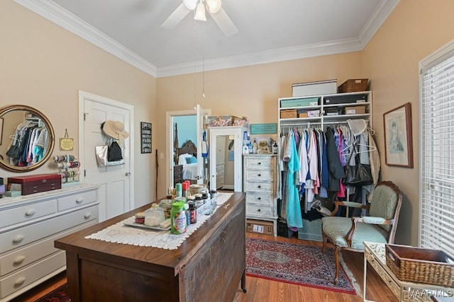 interior space featuring crown molding, a closet, ceiling fan, and light hardwood / wood-style flooring