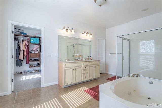 bathroom with vanity, separate shower and tub, and tile patterned flooring