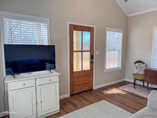 entryway featuring dark hardwood / wood-style flooring and vaulted ceiling