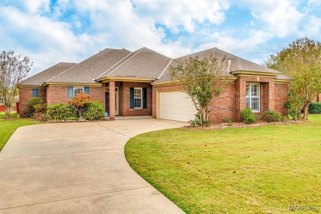 ranch-style house with a garage and a front lawn