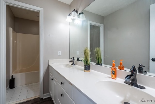 bathroom featuring shower / bathtub combination, vanity, and tile patterned floors