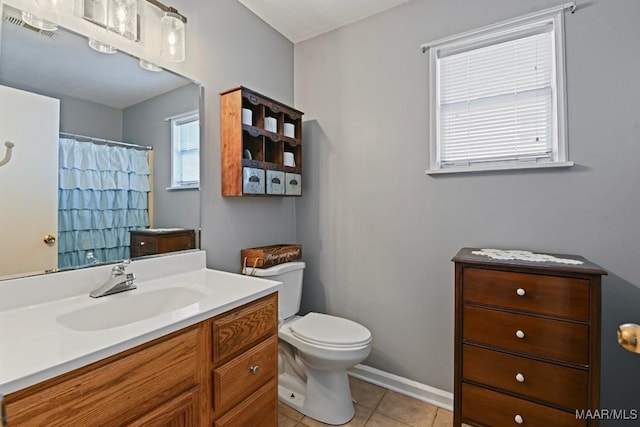 bathroom with visible vents, toilet, vanity, tile patterned flooring, and baseboards