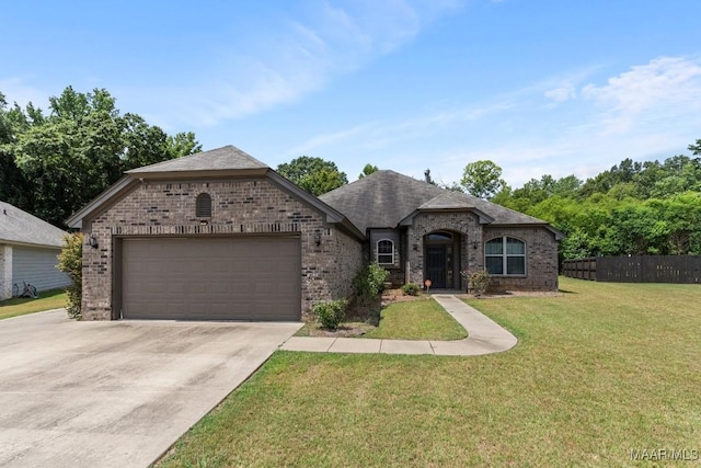 french country style house featuring a garage and a front lawn