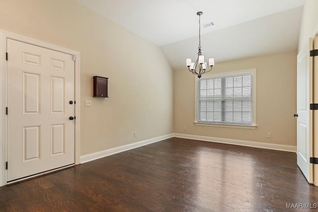 interior space with visible vents, baseboards, an inviting chandelier, dark wood finished floors, and vaulted ceiling