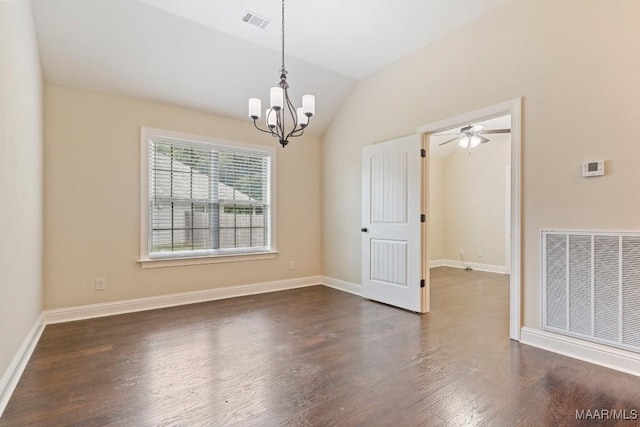 unfurnished room with vaulted ceiling, dark hardwood / wood-style floors, and a notable chandelier