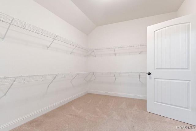 spacious closet with carpet flooring and vaulted ceiling