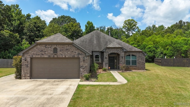 french country inspired facade with a front yard, fence, brick siding, an attached garage, and concrete driveway