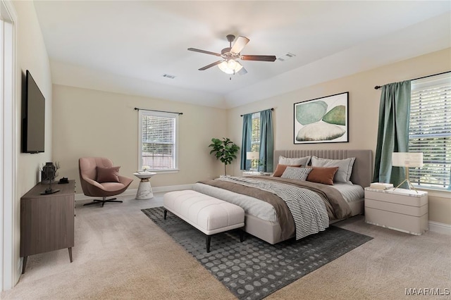 carpeted bedroom featuring ceiling fan