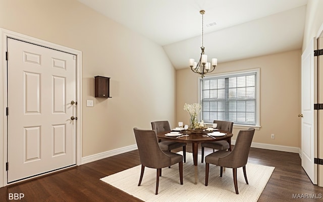 dining space featuring visible vents, baseboards, a notable chandelier, dark wood-style flooring, and lofted ceiling