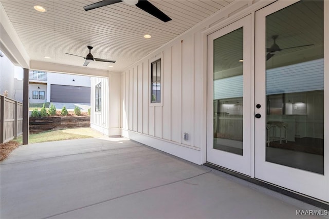 view of patio featuring french doors and ceiling fan