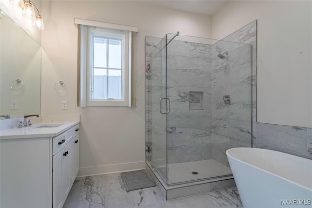 bathroom with plus walk in shower and vanity