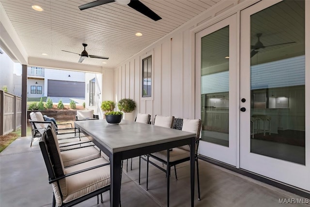 view of patio featuring french doors and ceiling fan