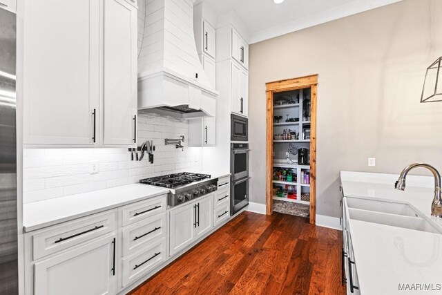 kitchen with premium range hood, appliances with stainless steel finishes, tasteful backsplash, white cabinets, and dark wood-type flooring