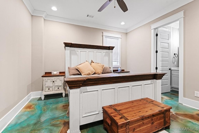 bedroom featuring crown molding, ceiling fan, and connected bathroom