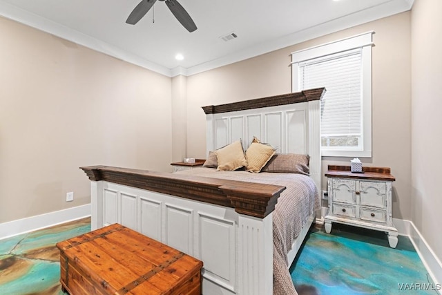 bedroom with crown molding and ceiling fan