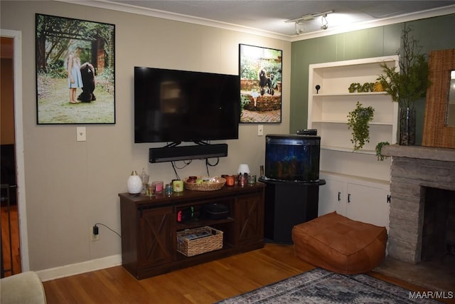 living room featuring hardwood / wood-style flooring, a fireplace, and ornamental molding