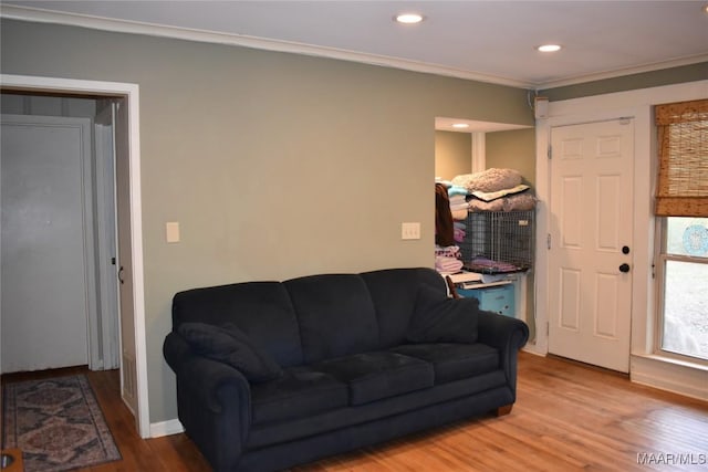 living room with wood-type flooring and ornamental molding