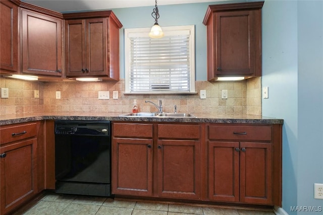 kitchen featuring black dishwasher, sink, decorative backsplash, and decorative light fixtures