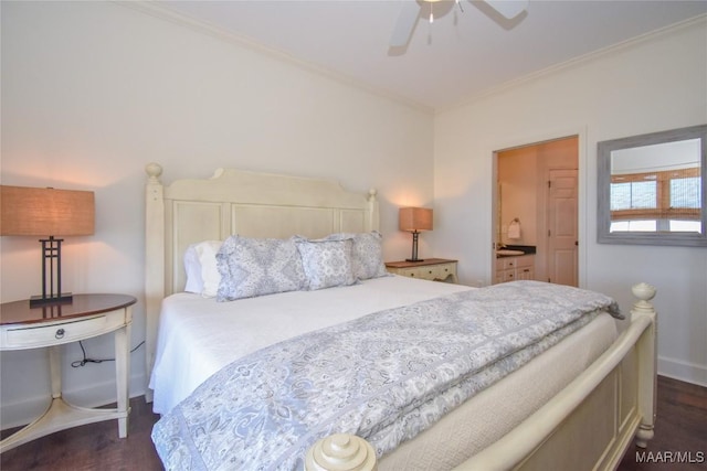 bedroom featuring crown molding, dark wood-type flooring, ceiling fan, and ensuite bathroom