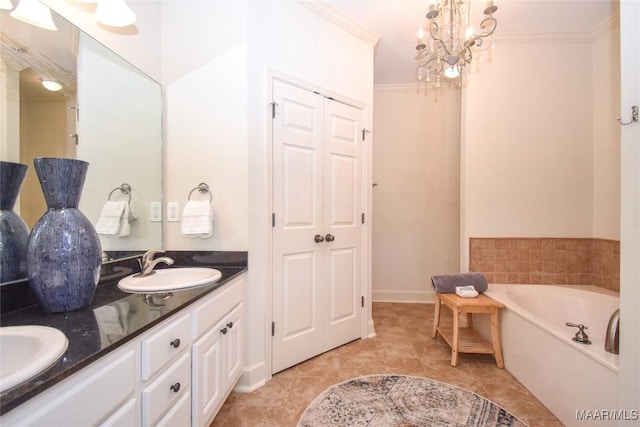 bathroom with tile patterned flooring, ornamental molding, vanity, a notable chandelier, and a bath