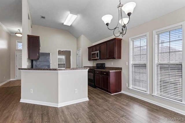 kitchen with dark hardwood / wood-style flooring, decorative light fixtures, plenty of natural light, and stainless steel appliances