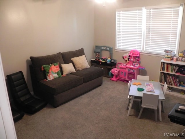 recreation room with carpet flooring