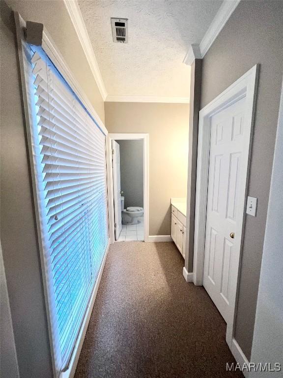 hall with crown molding, carpet, and a textured ceiling