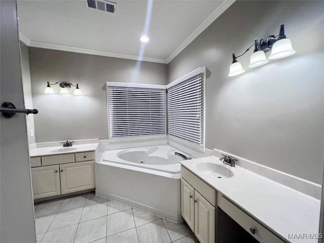 bathroom featuring ornamental molding, vanity, tile patterned floors, and tiled tub