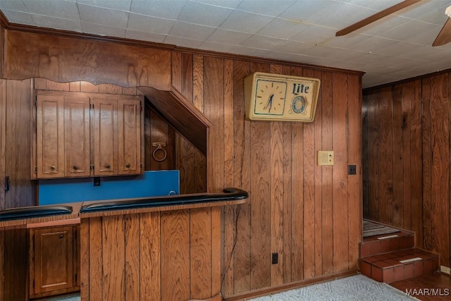 bar featuring light carpet, wooden walls, and ceiling fan