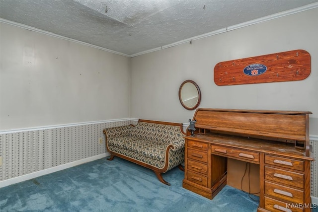 office space with carpet floors, ornamental molding, and a textured ceiling