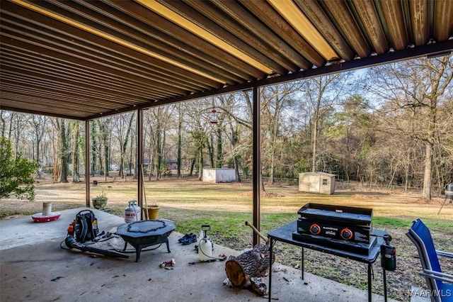 view of patio / terrace with a shed