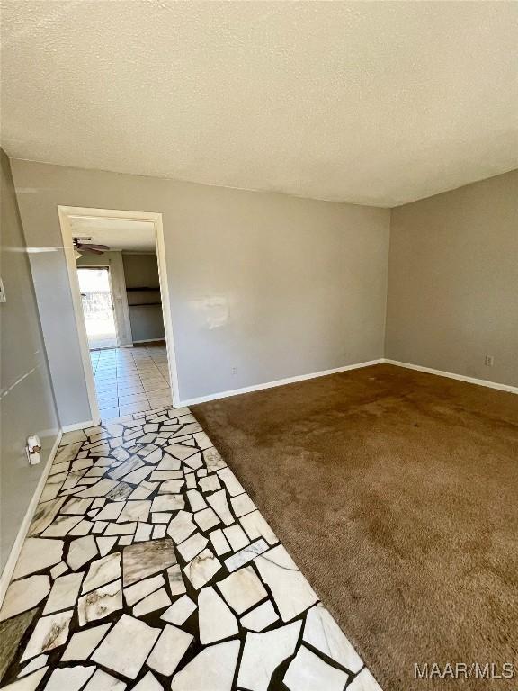 empty room with carpet floors and a textured ceiling