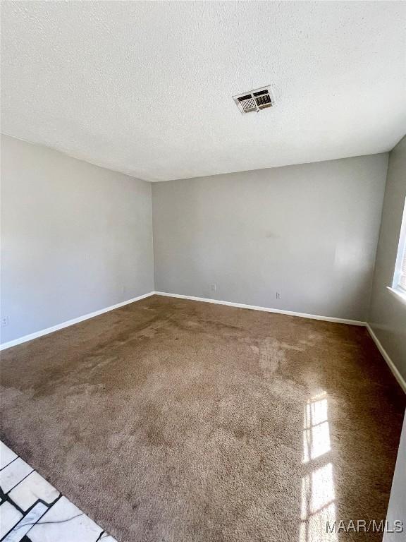 spare room with a textured ceiling and carpet flooring