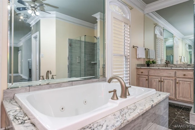 bathroom with crown molding, ceiling fan, vanity, and plus walk in shower