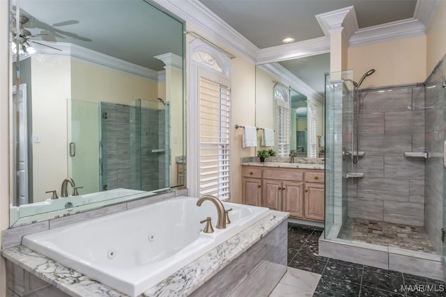 bathroom with ceiling fan, ornamental molding, plus walk in shower, and vanity