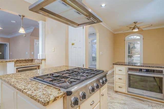 kitchen featuring crown molding, premium range hood, hanging light fixtures, stainless steel appliances, and a kitchen island