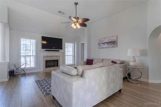 living room featuring vaulted ceiling, wood-type flooring, a wealth of natural light, and a fireplace