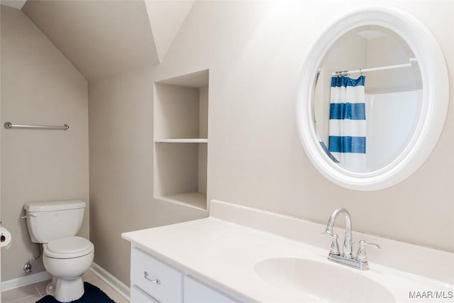 bathroom with lofted ceiling, a shower with shower curtain, vanity, tile patterned floors, and toilet