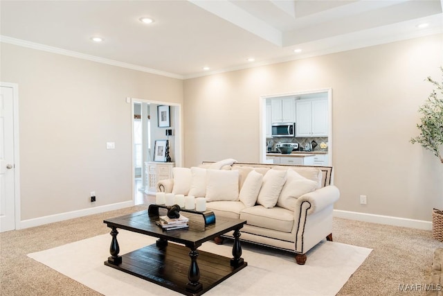 living room with light carpet, baseboards, crown molding, and recessed lighting