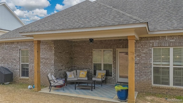 view of patio / terrace featuring ceiling fan, outdoor lounge area, and area for grilling