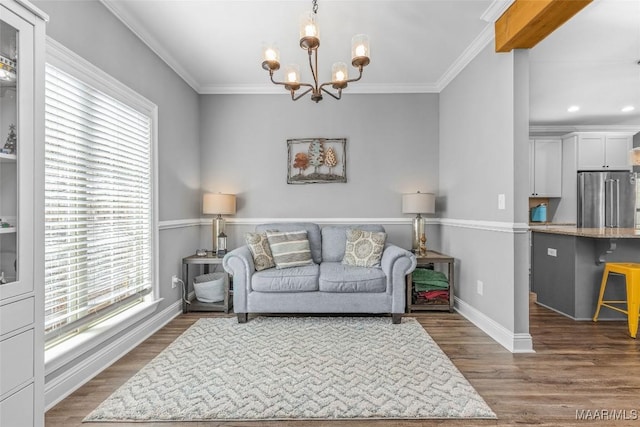 living room with baseboards, ornamental molding, and dark wood-style flooring