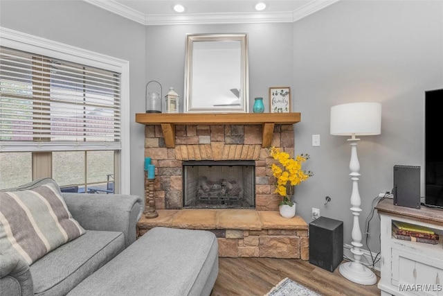 living room with a stone fireplace, wood finished floors, and crown molding