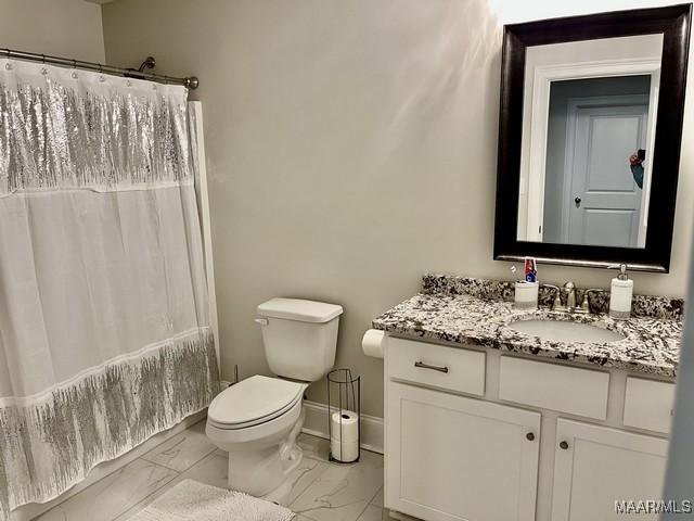 bathroom with vanity, toilet, and curtained shower