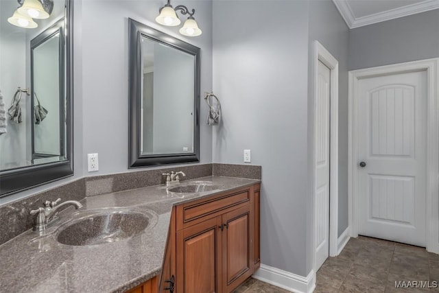 bathroom with vanity, tile patterned floors, and crown molding