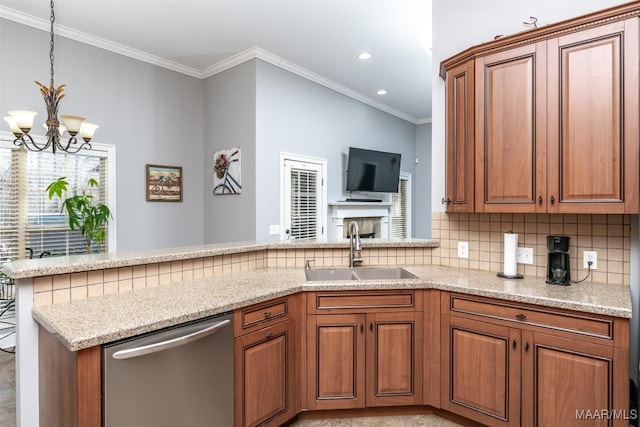 kitchen featuring tasteful backsplash, dishwasher, sink, ornamental molding, and kitchen peninsula