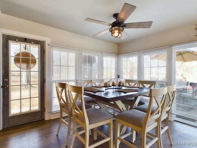 dining area featuring dark wood-type flooring and ceiling fan