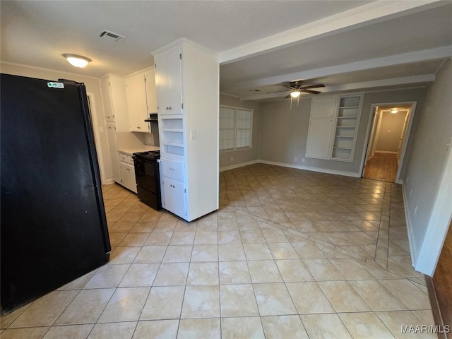 kitchen featuring light countertops, white cabinets, ceiling fan, black appliances, and baseboards