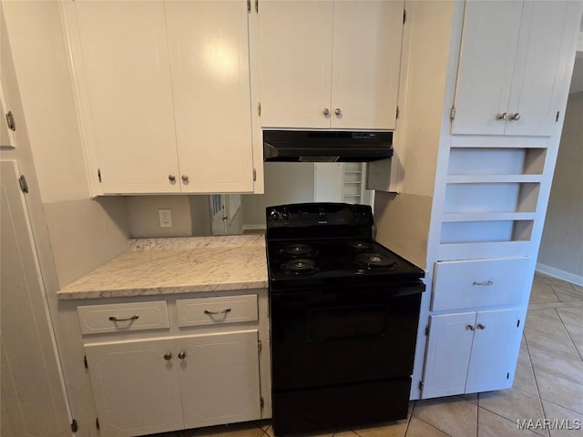 331 Bedford Ter, Prattville, AL 36066 - kitchen with black electric range oven, light stone countertops, baseboards, under cabinet range hood, and white cabinets