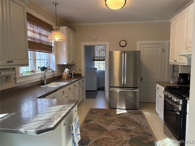 kitchen with pendant lighting, sink, crown molding, stainless steel appliances, and white cabinets